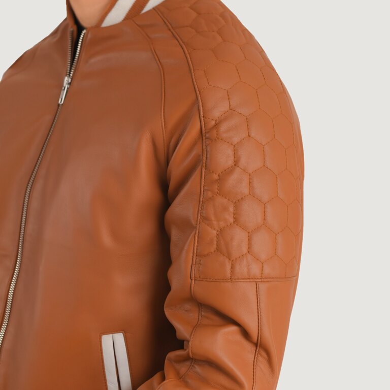 Mens Pascal Tan Brown Leather Varsity Jacket Close-Up-9-1704124689070